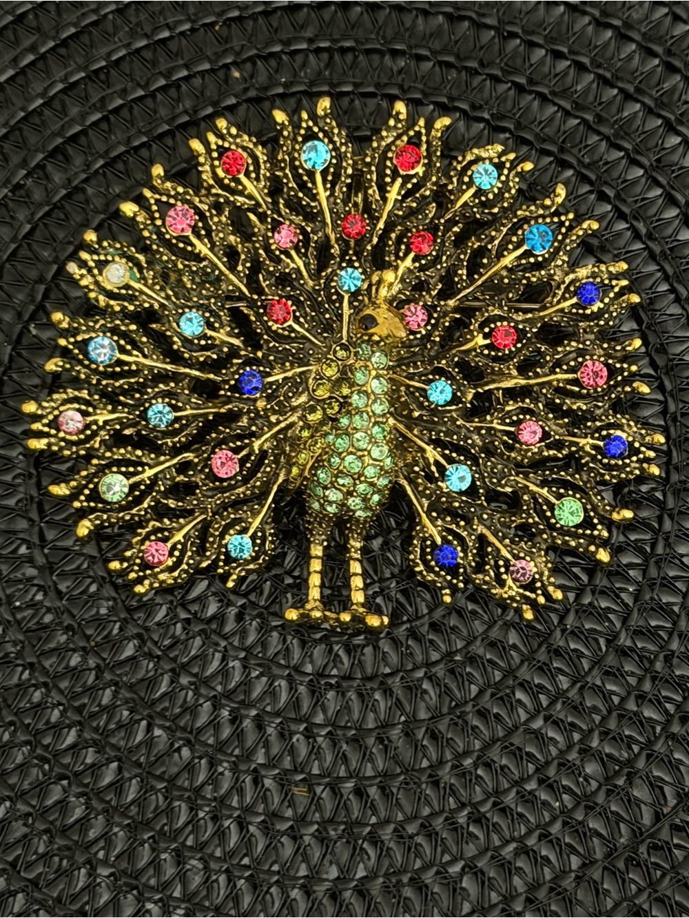 Multicolor Crystals Gold Full Feather Peacock Brooch